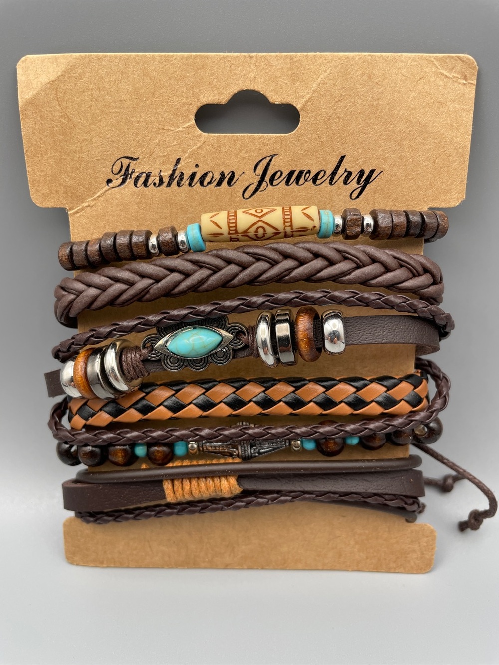 Fashion Jewelry Brown & Turquoise Men's Layered Bracelet Set
